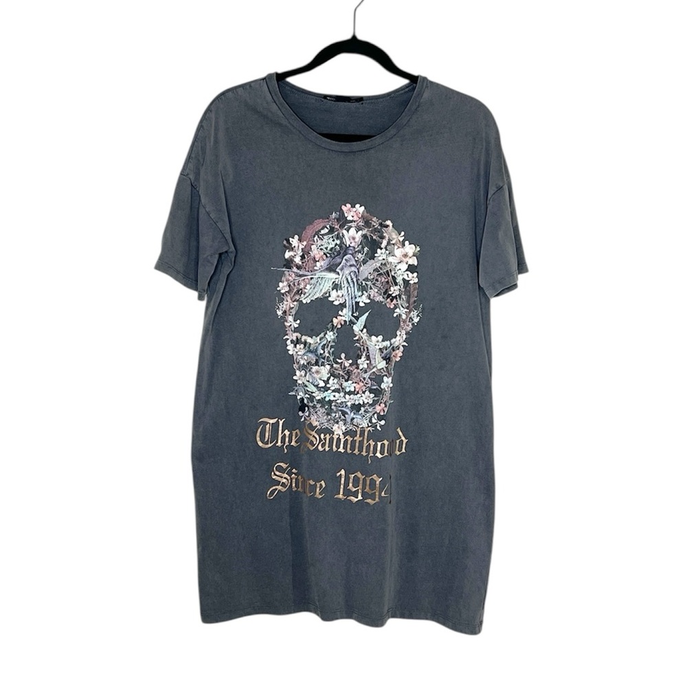 ALLSAINTS Floral Gothic Skull Tee T-Shirt Dress in Washed Black size XS/S